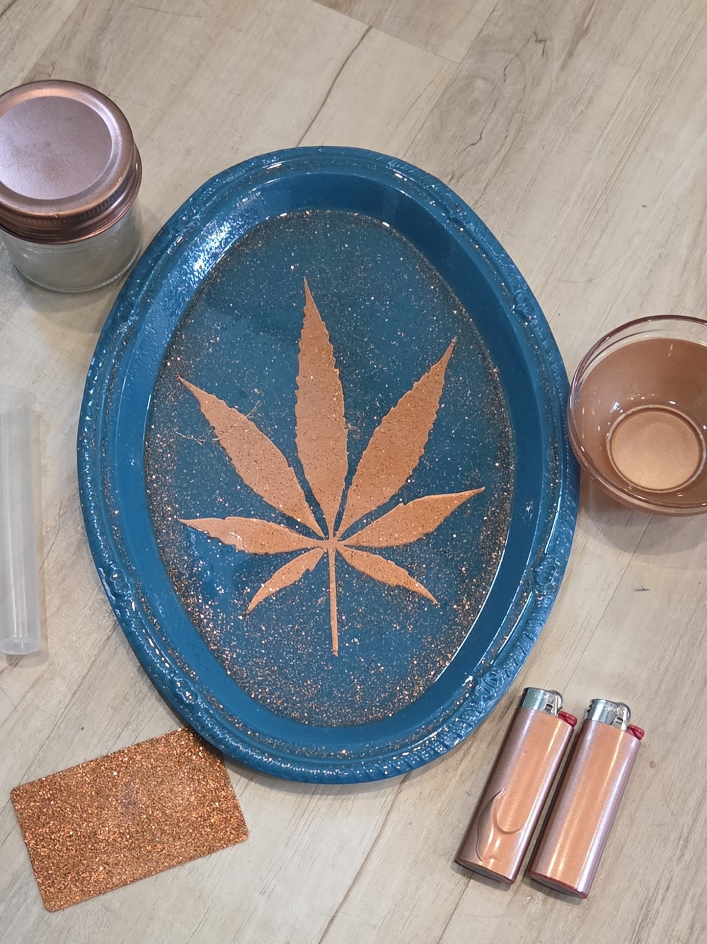 Decorative Blue Resin Serving Tray with Copper Leaf Design